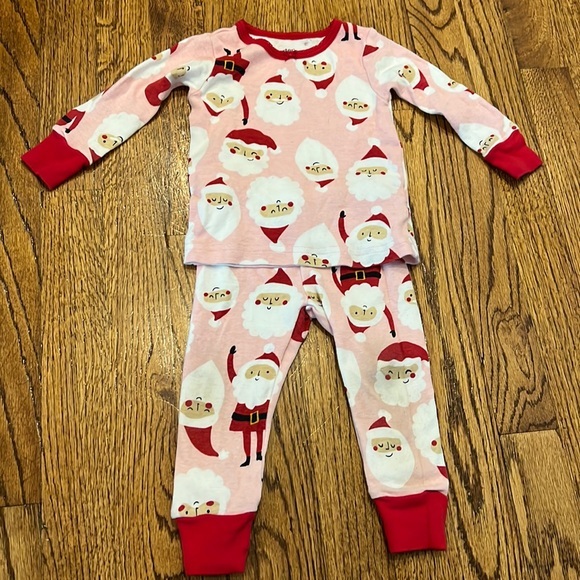 LIKE NEW PINK SANTA PATTERN PAJAMAS - CARTERS 9M - Picture 1 of 5